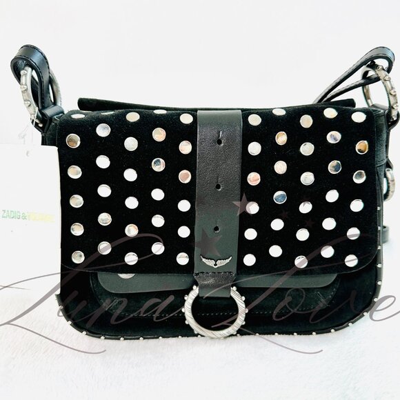 ZADIG & VOLTAIRE Kate Moss Studded Suede Crossbody/Shoulder Bag In Black NWT - Picture 3 of 13
